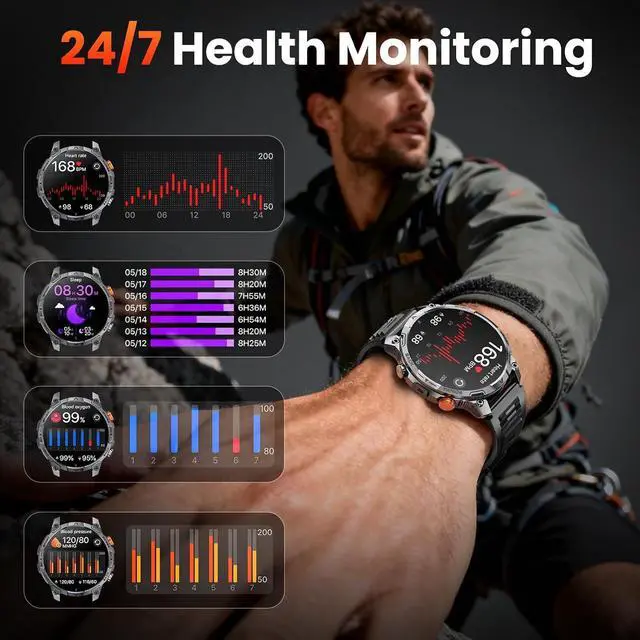 Alt view image 7 of 7 - Military Smart Watches for Men,1.75 Smartwatch with 100-Day Ultra-Long Battery/Flashlight,Fitness Watch for Heart Rate/Sleep/Calling/110+ Sports Mode Smart Watch for Android iOS 1000 mAh