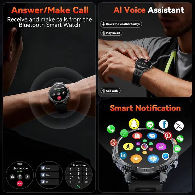 Alt view image 5 of 7 - Military Smart Watches for Men,1.75 Smartwatch with 100-Day Ultra-Long Battery/Flashlight,Fitness Watch for Heart Rate/Sleep/Calling/110+ Sports Mode Smart Watch for Android iOS 1000 mAh