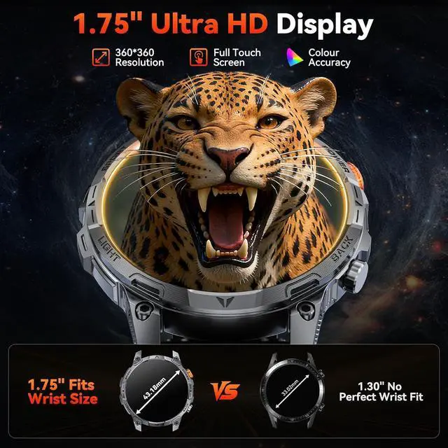 Alt view image 3 of 7 - Military Smart Watches for Men,1.75 Smartwatch with 100-Day Ultra-Long Battery/Flashlight,Fitness Watch for Heart Rate/Sleep/Calling/110+ Sports Mode Smart Watch for Android iOS 1000 mAh