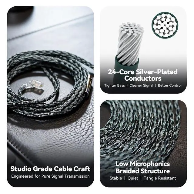 Alt view image 5 of 7 - Tipsy Melody 3 IEM Upgrade Cable, 6.5ft (2m) Long, Enhanced Mids & Bass, 24-Core Silver-Plated, Deep Green (0.78mm- Recessed 2 Pin)