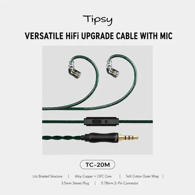 Alt view image 2 of 7 - Tipsy TC-20 Gaming IEM Upgrade Cable with Mic, 0.78mm 2-Pin Cable, 1.5m Cotton-Wrapped Silver-Plated & OFC Hybrid Cable, in-Line Controls for Gaming, Calls & Music(Recessed)