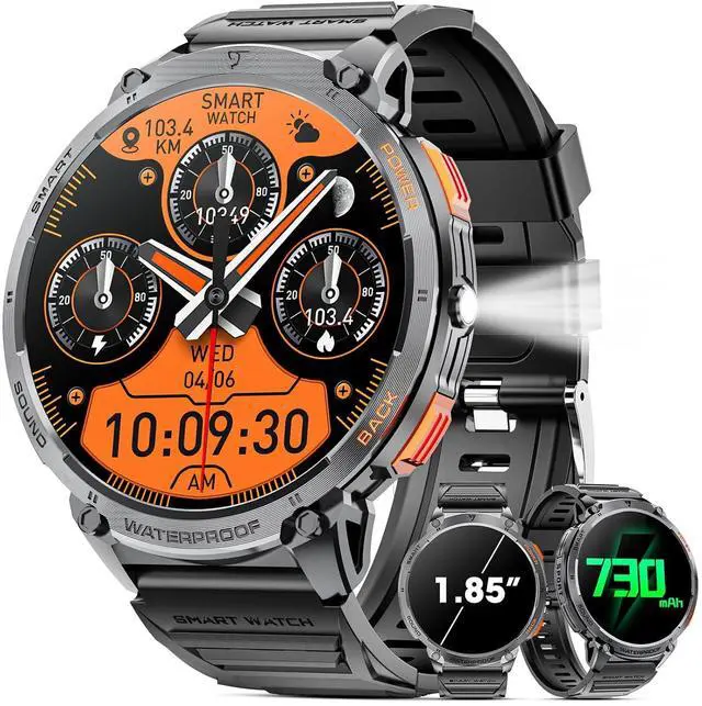 Main image of Military Smart Watch for Men 1.85" HD Touch Screen 730mAh Battery Smart Watches with LED Flashlight for Android iOS Bluetooth Call Answer/Dial Calls Fitness Tracker with Heart Rate Blood