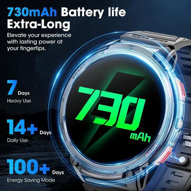 Alt view image 2 of 7 - Military Smart Watch for Men 1.85" HD Touch Screen 730mAh Battery Smart Watches with LED Flashlight for Android iOS Bluetooth Call Answer/Dial Calls Fitness Tracker with Heart Rate Blood