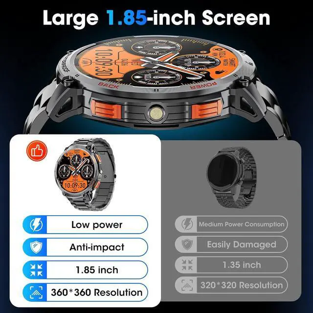Alt view image 4 of 7 - Military Smart Watch for Men 1.85" HD Touch Screen 730mAh Battery Smart Watches with LED Flashlight for Android iOS Bluetooth Call Answer/Dial Calls Fitness Tracker with Heart Rate Blood