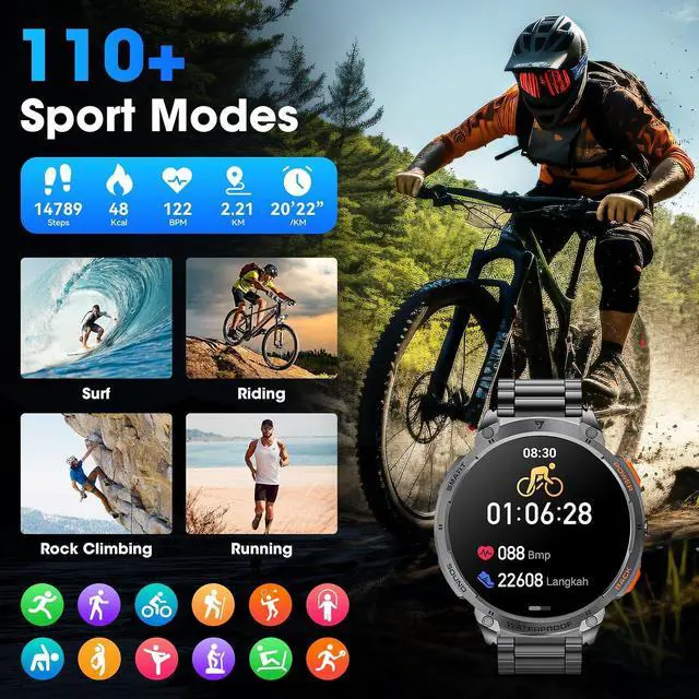 Alt view image 6 of 7 - Military Smart Watch for Men 1.85" HD Touch Screen 730mAh Battery Smart Watches with LED Flashlight for Android iOS Bluetooth Call Answer/Dial Calls Fitness Tracker with Heart Rate Blood