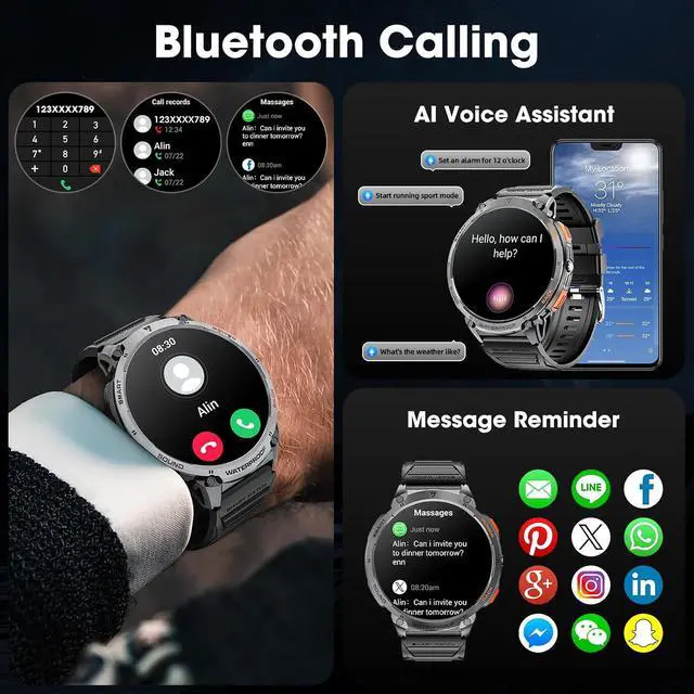 Alt view image 7 of 7 - Military Smart Watch for Men 1.85" HD Touch Screen 730mAh Battery Smart Watches with LED Flashlight for Android iOS Bluetooth Call Answer/Dial Calls Fitness Tracker with Heart Rate Blood