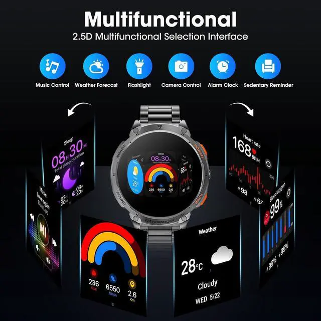 Alt view image 3 of 7 - Military Smart Watch for Men 1.85" HD Touch Screen 730mAh Battery Smart Watches with LED Flashlight for Android iOS Bluetooth Call Answer/Dial Calls Fitness Tracker with Heart Rate Blood
