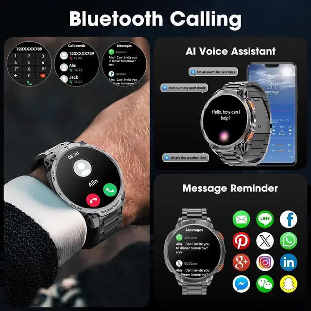 Alt view image 5 of 7 - Military Smart Watch for Men 1.85" HD Touch Screen 730mAh Battery Smart Watches with LED Flashlight for Android iOS Bluetooth Call Answer/Dial Calls Fitness Tracker with Heart Rate Blood