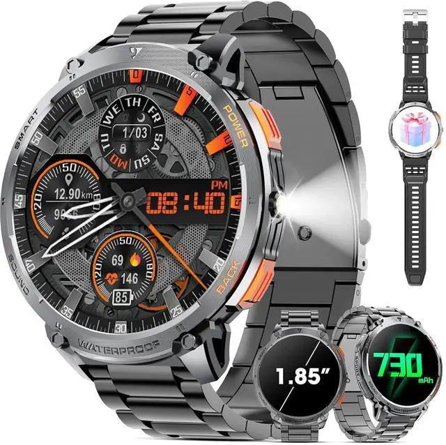 Main image of Military Smart Watch for Men 1.85" HD Touch Screen 730mAh Battery Smart Watches with LED Flashlight for Android iOS Bluetooth Call Answer/Dial Calls Fitness Tracker with Heart Rate Blood