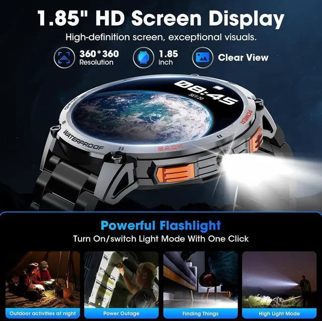 Alt view image 2 of 7 - Military Smart Watch for Men 1.85" HD Touch Screen 730mAh Battery Smart Watches with LED Flashlight for Android iOS Bluetooth Call Answer/Dial Calls Fitness Tracker with Heart Rate Blood