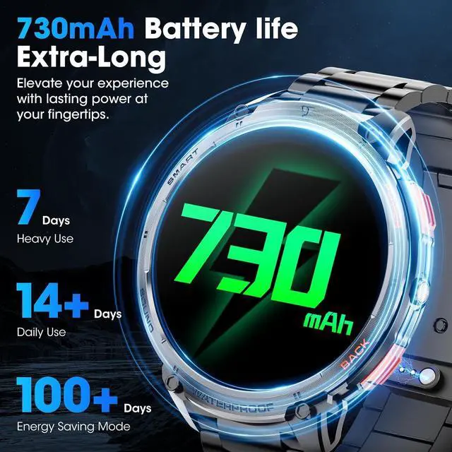 Alt view image 7 of 7 - Military Smart Watch for Men 1.85" HD Touch Screen 730mAh Battery Smart Watches with LED Flashlight for Android iOS Bluetooth Call Answer/Dial Calls Fitness Tracker with Heart Rate Blood