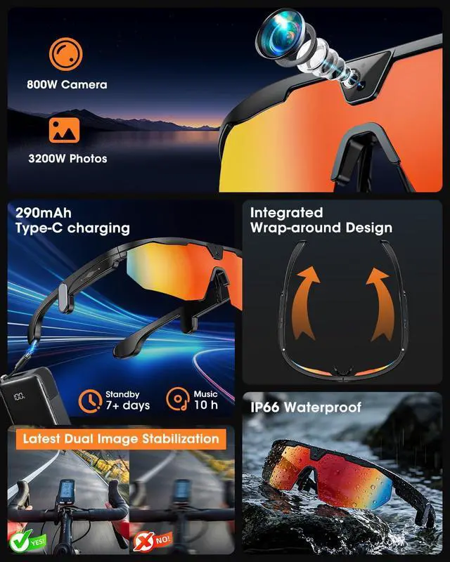 Alt view image 3 of 7 - Mingtawn Smart Glasses with 4K HD Anti-Shake Camera & 3D Stereo Speakers | Polarized UV400 Sports Sunglasses | Bluetooth AI Glasses for Outdoor Video, Photos & Music | HiFi Audio Action Camera (Black)
