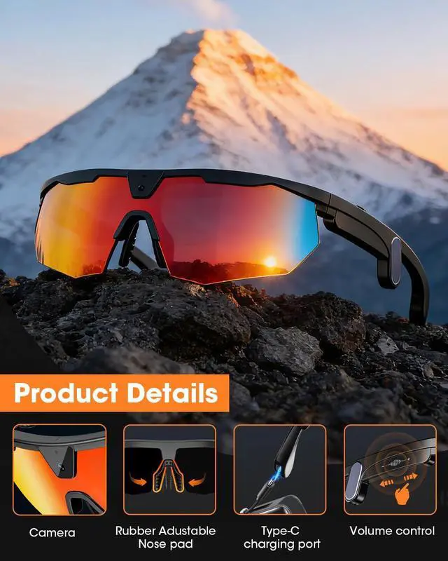 Alt view image 4 of 7 - Mingtawn Smart Glasses with 4K HD Anti-Shake Camera & 3D Stereo Speakers | Polarized UV400 Sports Sunglasses | Bluetooth AI Glasses for Outdoor Video, Photos & Music | HiFi Audio Action Camera (Black)