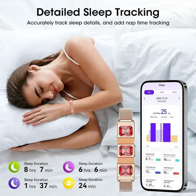 Alt view image 3 of 5 - Mingtawn Women's Smart Bracelet with 2 Bands, Health Fitness Tracker, 24/7 Heart Rate/Blood Oxygen/HRV/Sleep Monitor, Fashion Ruby Wristband with Message/Call Reminder Free Subscription (Rose Gold)