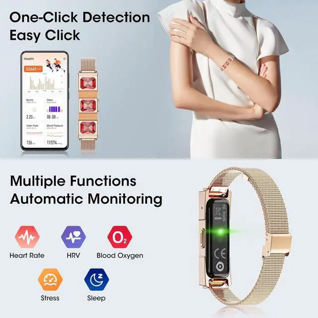 Alt view image 2 of 5 - Mingtawn Women's Smart Bracelet with 2 Bands, Health Fitness Tracker, 24/7 Heart Rate/Blood Oxygen/HRV/Sleep Monitor, Fashion Ruby Wristband with Message/Call Reminder Free Subscription (Rose Gold)