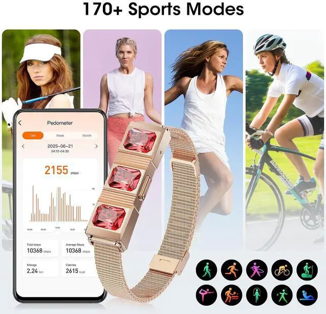 Alt view image 4 of 5 - Mingtawn Women's Smart Bracelet with 2 Bands, Health Fitness Tracker, 24/7 Heart Rate/Blood Oxygen/HRV/Sleep Monitor, Fashion Ruby Wristband with Message/Call Reminder Free Subscription (Rose Gold)