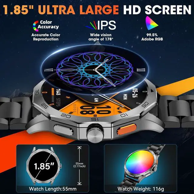 Alt view image 5 of 7 - Military Smart Watch for Men 1.85" HD Ultra Screen Touch Screen 710mAh Battery Smart Watches for Android iOS Bluetooth Call Answer/Dial Calls Fitness Tracker with 100+ Sports