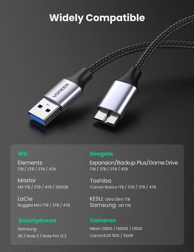 Alt view image 3 of 7 - UGREEN Micro USB 3.0 Cable, USB 3.0 A to Micro B Cord 1.5 FT