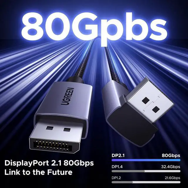 Alt view image 5 of 7 - UGREEN 16K@60Hz 6.6FT 80Gbps Right Angle DisplayPort Cable DP 2.1, 6.6FT