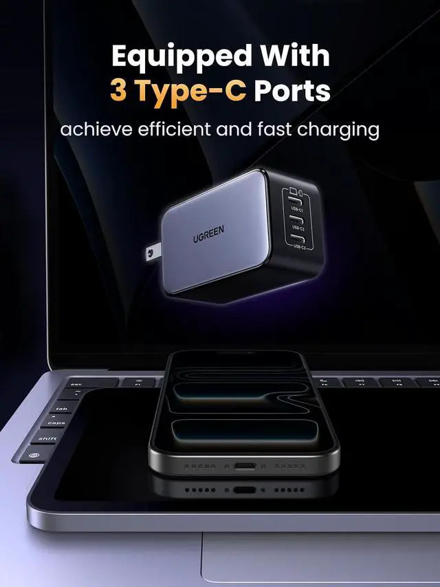 Alt view image 4 of 7 - UGREEN Nexode 65W GaN USB C Wall Charger, 3-Port Type-C Fast Power Adapter Compatible with iPhone 17/16/15 Series, Galaxy S25/S24, Pixel 10/9, MacBook Pro/Air, iPad Pro/Air, Steam Deck