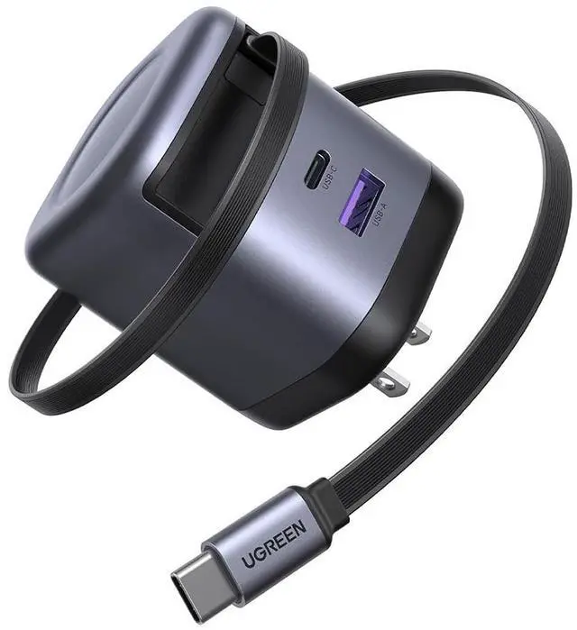 Main image of UGREEN Nexode 65W GaN USB C Retractable Charger with Built-in Cable, 2-Port Fast Charging Wall Adapter for iPhone 17/16/15, Galaxy S26/S25/S24, Pixel 10/9/8, MacBook Pro/Air/Neo, iPad, AirPods