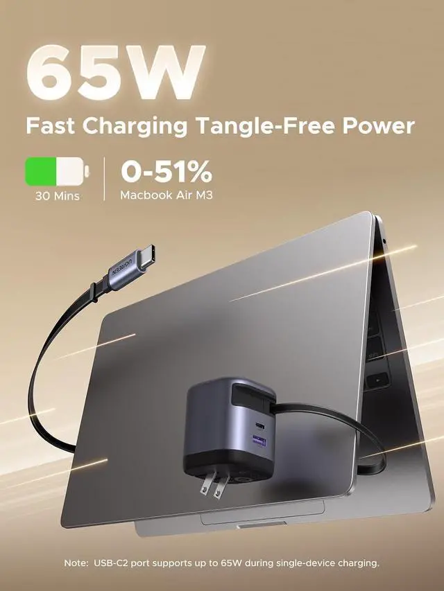 Alt view image 2 of 6 - UGREEN Nexode 65W GaN USB C Retractable Charger with Built-in Cable, 2-Port Fast Charging Wall Adapter for iPhone 17/16/15, Galaxy S26/S25/S24, Pixel 10/9/8, MacBook Pro/Air/Neo, iPad, AirPods