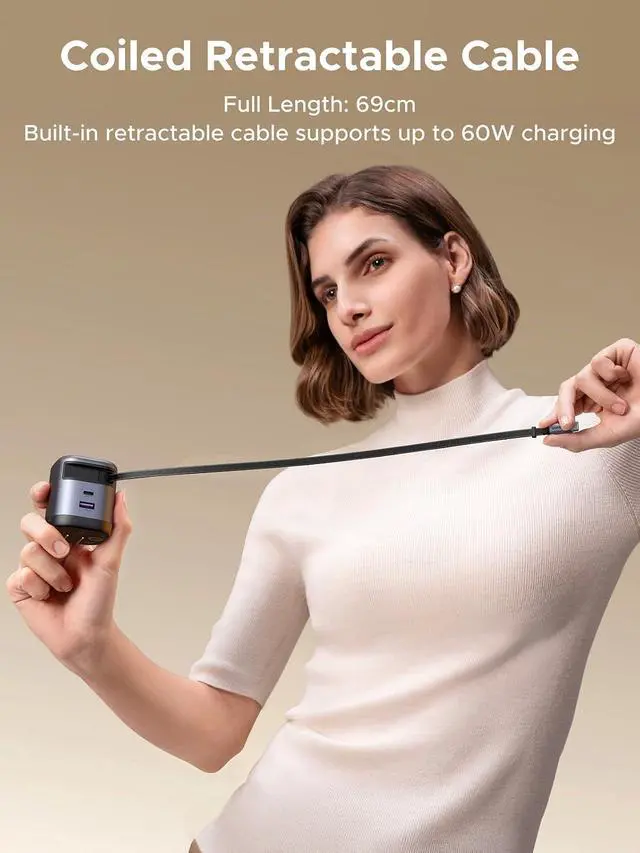 Alt view image 3 of 6 - UGREEN Nexode 65W GaN USB C Retractable Charger with Built-in Cable, 2-Port Fast Charging Wall Adapter for iPhone 17/16/15, Galaxy S26/S25/S24, Pixel 10/9/8, MacBook Pro/Air/Neo, iPad, AirPods
