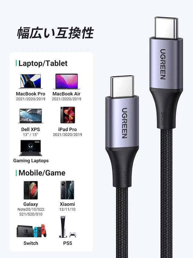 Alt view image 7 of 7 - UGREEN 240W USB C to USB C Cable, Fast Charging USB C Cable for iPhone 17 Pro Max/16, Samsung Galaxy S25/S24, MacBook Pro/Air, iPad Pro/Air/Mini, Dell XPS, 6.6FT (Pack of 2)