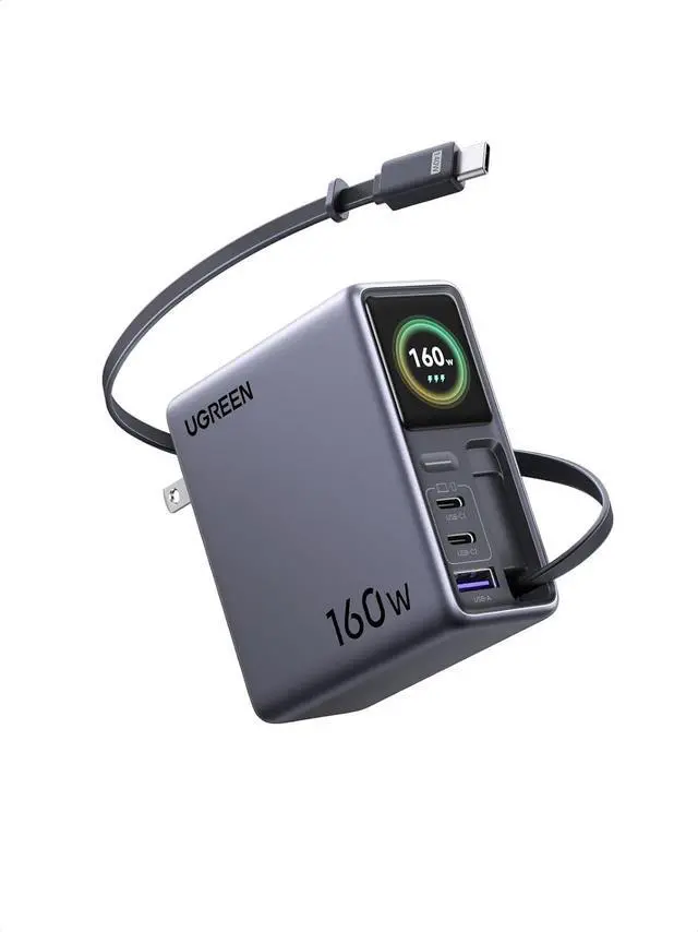 Main image of UGREEN Nexode Pro 160W Charger with Retractable Cable, Smart Display & APP Control, 4-Port GaN Fast USB C Wall Block, Type-C Charging Compatible for MacBook Pro/Air, iPhone 17/16 Series, iPad, Galaxy