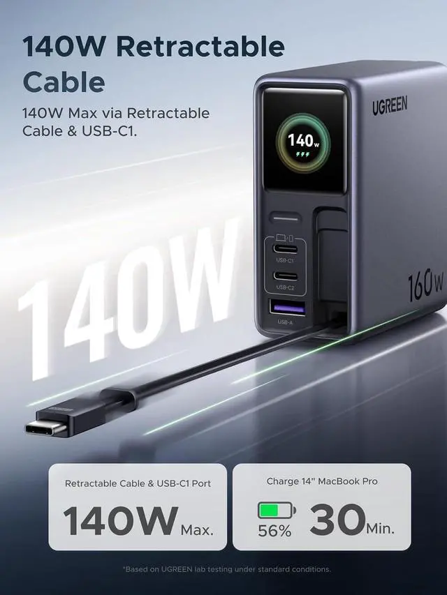 Alt view image 3 of 7 - UGREEN Nexode Pro 160W Charger with Retractable Cable, Smart Display & APP Control, 4-Port GaN Fast USB C Wall Block, Type-C Charging Compatible for MacBook Pro/Air, iPhone 17/16 Series, iPad, Galaxy