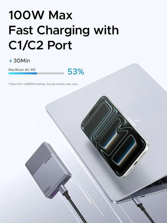 Alt view image 2 of 7 - UGREEN Nexode Air 100W USB C Charger Flat Design Ultra Slim and Foldable Plug, Compact GaN Fast 3-Port Charging, PD Type-C Power Adapter Compatible with MacBook, iPhone 17 Pro Max, Galaxy, Grey