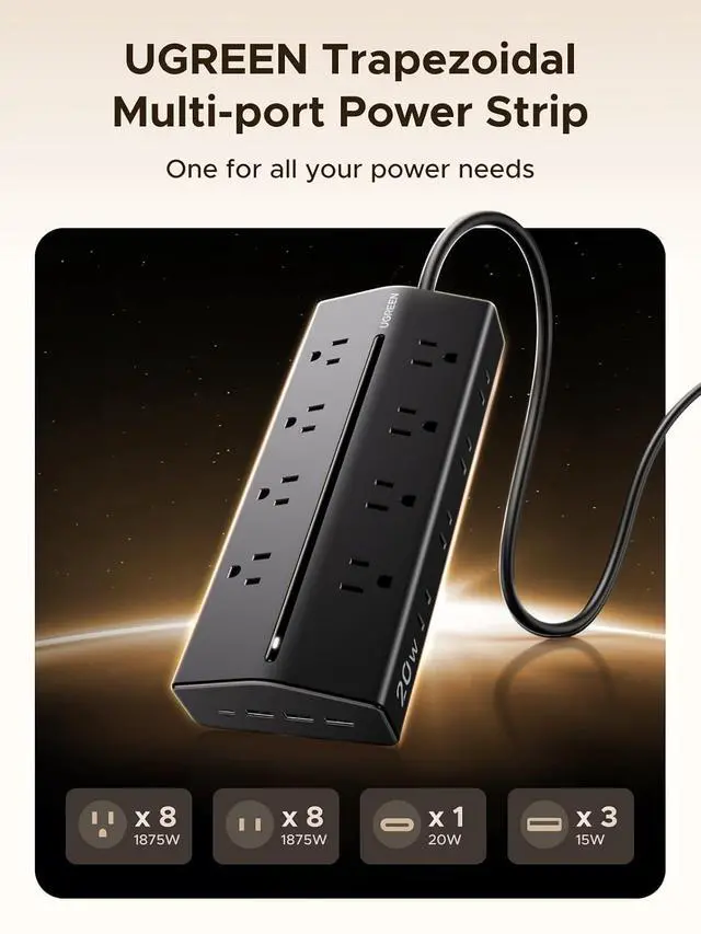 Alt view image 2 of 7 - UGREEN 20W 20-in-1 GaN Surge Protector Power Strip, 5ft Extension Cord