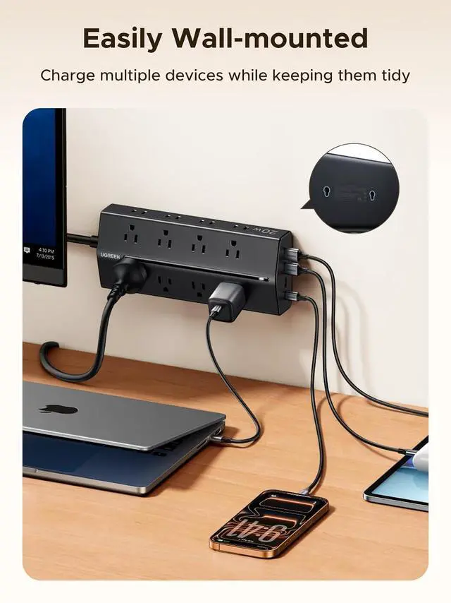 Alt view image 4 of 7 - UGREEN 20W 20-in-1 GaN Surge Protector Power Strip, 5ft Extension Cord