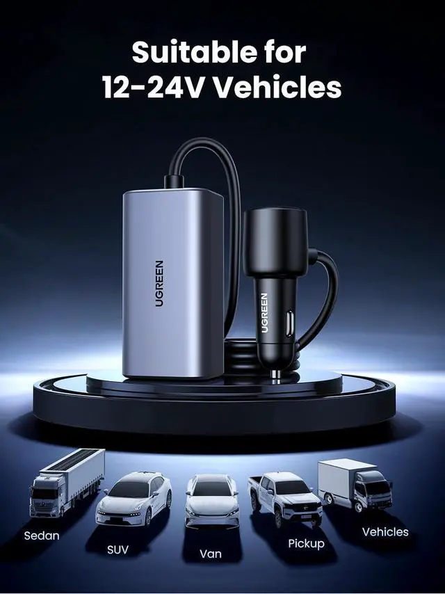 Alt view image 6 of 7 - UGREEN 150W 4-Port Retractable Car Charger with Built-in Cable