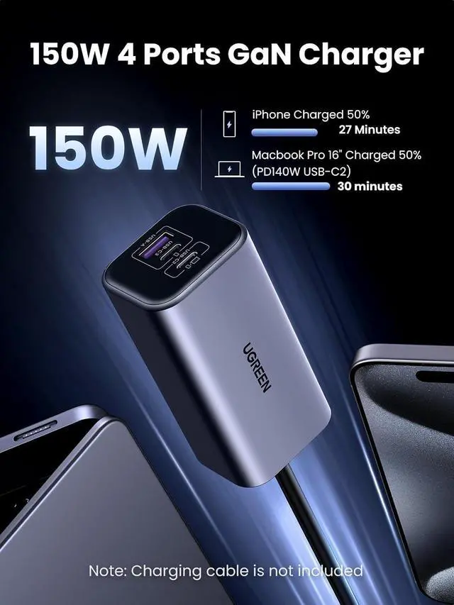 Alt view image 2 of 7 - UGREEN 150W 4-Port Retractable Car Charger with Built-in Cable