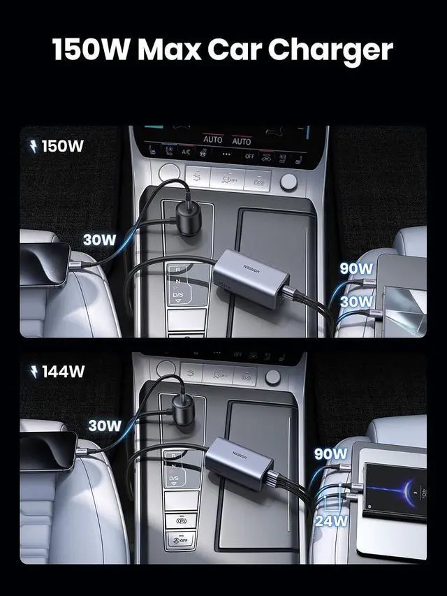 Alt view image 3 of 7 - UGREEN 150W 4-Port Retractable Car Charger with Built-in Cable