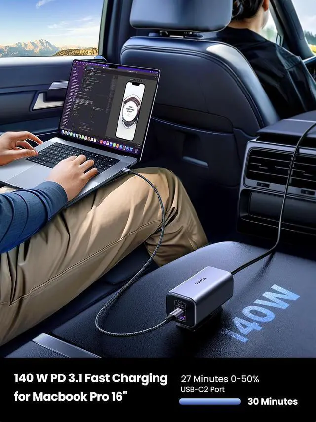 Alt view image 4 of 7 - UGREEN 150W 4-Port Retractable Car Charger with Built-in Cable
