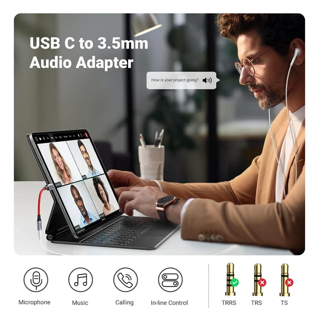 Alt view image 2 of 7 - USB C to 3.5mm Audio Adapter Type C to Aux 24bit/96kHz, Red