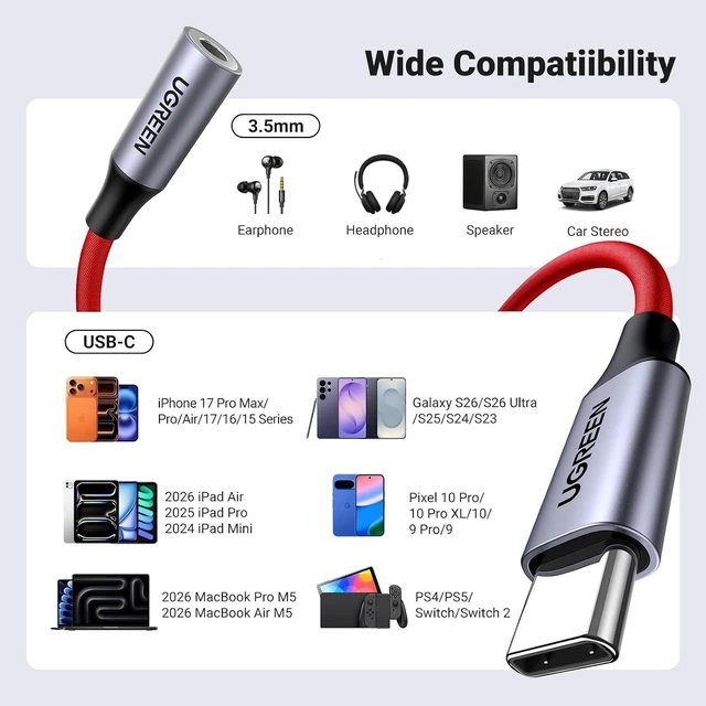 Alt view image 7 of 7 - USB C to 3.5mm Audio Adapter Type C to Aux 24bit/96kHz, Red