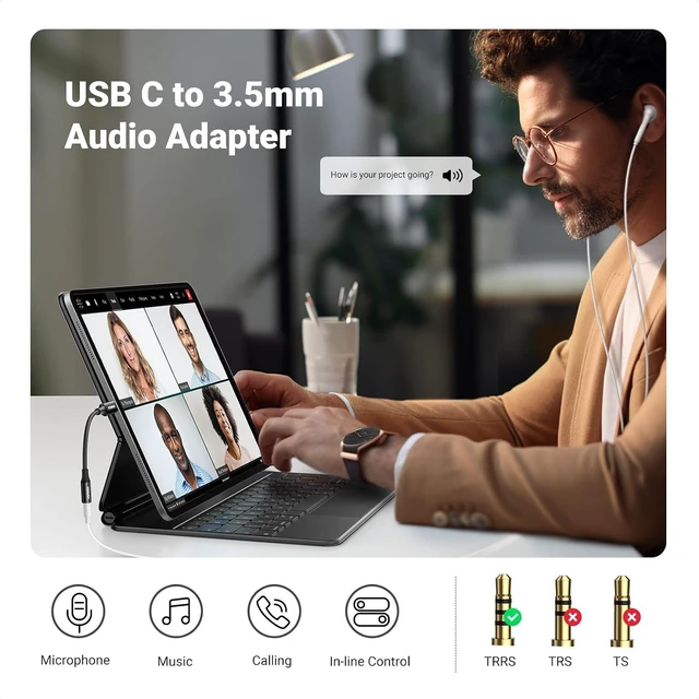 Alt view image 2 of 7 - USB C to 3.5mm Audio Adapter Type C to Aux 24bit/96kHz, Black