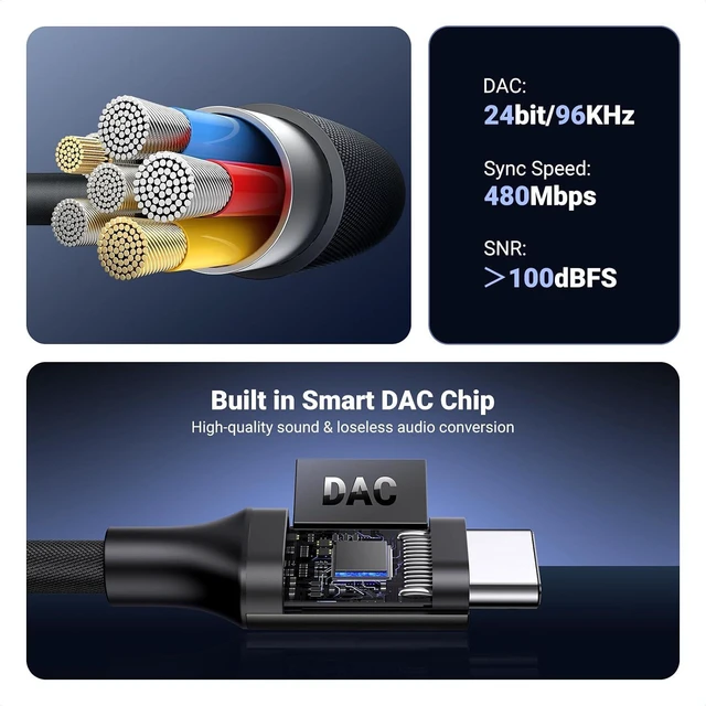 Alt view image 5 of 7 - USB C to 3.5mm Audio Adapter Type C to Aux 24bit/96kHz, Black