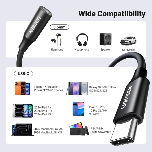 Alt view image 7 of 7 - USB C to 3.5mm Audio Adapter Type C to Aux 24bit/96kHz, Black