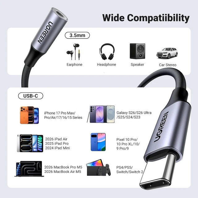 Alt view image 7 of 7 - USB C to 3.5mm Audio Adapter Type C to Aux 24bit/96kHz, Grey