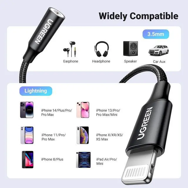 Alt view image 5 of 7 - UGREEN Headphone Adapter for iPhone Lightning to 3.5mm MFi Certified, Black