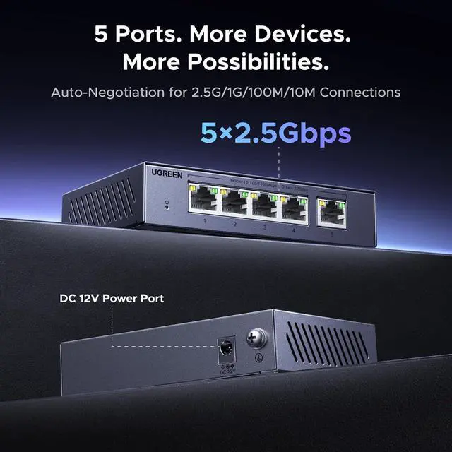 Alt view image 3 of 7 - UGREEN 2.5Gb Switch, 5-Port Ethernet Switch, 5 x 2.5Gb Uplink, Metal Case