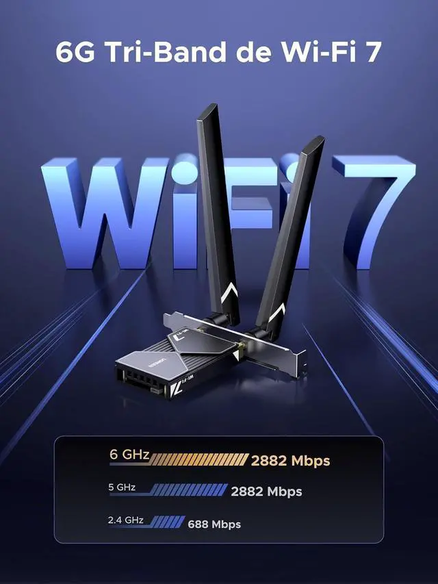 Alt view image 2 of 7 - UGREEN WiFi 7 BE6500 PCIe WiFi Card, Bluetooth 5.4, IEEE 802.11ax/be, 6G 2882Mbps/5G 2882Mbps/2.4G 688Mbps Tri Band, MLO Technology, Flexible Dual 6dBi High Gain Antenna, WPA3, Support Windows 11 Only