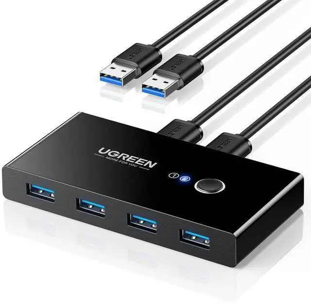 Main image of UGREEN USB 3.0 Switch Selector 2 Computers Share 4 USB Ports USB Switcher USB for PC Laptop Keyboard Mouse Printer Scanner One Button Switch Adapter with 2 Pack USB 3.0 Cables