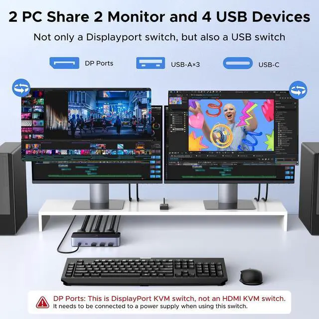 Alt view image 2 of 7 - UGREEN 8K@60Hz Displayport KVM Switch 2 Monitors 2 Computers, Aluminum