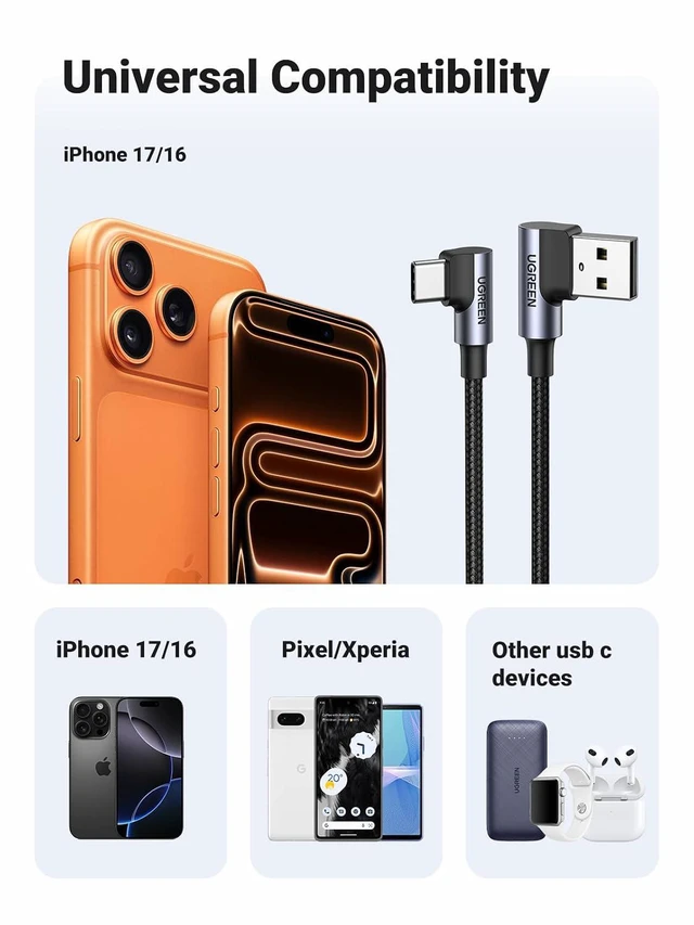 Alt view image 5 of 7 - UGREEN USB to USB C Cable 90 Degree USB C Fast Charging Cord Compatible with iPhone 17/16/16 Plus/16 Pro/16 Pro Max/15/Samsung Galaxy S10/S10+/Pixel 9/6a/LG G8/G7/Pixel/Switch, etc, 1.6FT (Pack of 2)