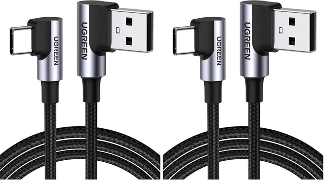 Main image of UGREEN USB to USB C Cable 90 Degree USB C Fast Charging Cord Compatible with iPhone 17/16/16 Plus/16 Pro/16 Pro Max/15/Samsung Galaxy S10/S10+/Pixel 9/6a/LG G8/G7/Pixel/Switch, etc, 1.6FT (Pack of 2)